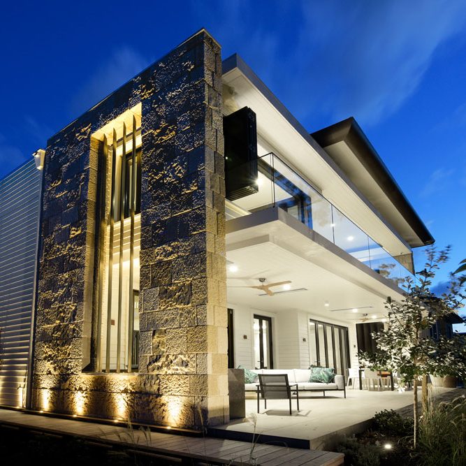 Outside view of side wall at night lit up